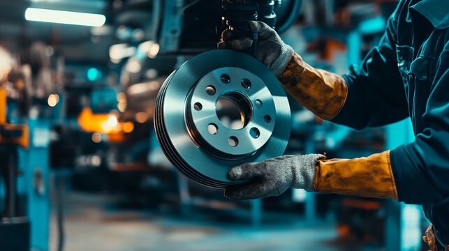 Replacing an old brake disc with a brand new one in a car garage Auto mechanic performing the repair