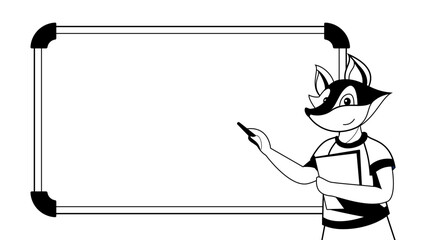 Fox teacher standing by the whiteboard in the classroom, writing on the school board Illustration, black outline and cartoon style