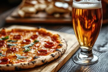 Beer and pizza pairing on a casual dining table, with close - up details of both