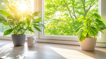 Fototapeta premium Morning sunlight streams through a wooden window, illuminating a yellow mug resting on a rustic wooden ledge while rain softly patters against the glass.