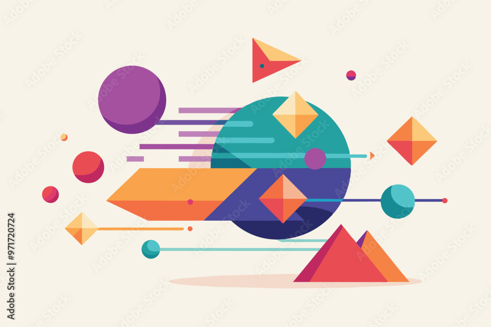 Poster colorful geometric shapes with vibrant colors and dynamic movement, showcasing abstract design eleme