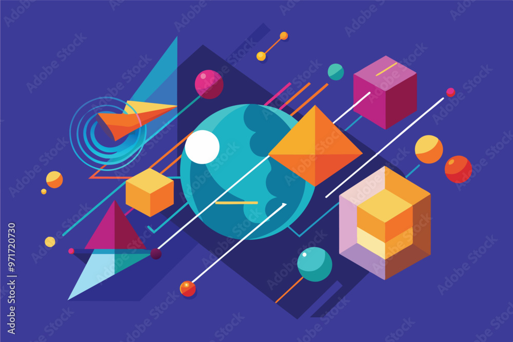 Poster colorful geometric shapes with vibrant colors and dynamic movement, showcasing abstract design eleme