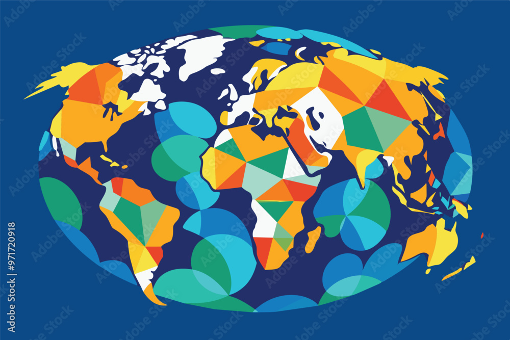 Poster Colorful world map illustration featuring geometric shapes representing continents and oceans, designed with vibrant patterns and colors
