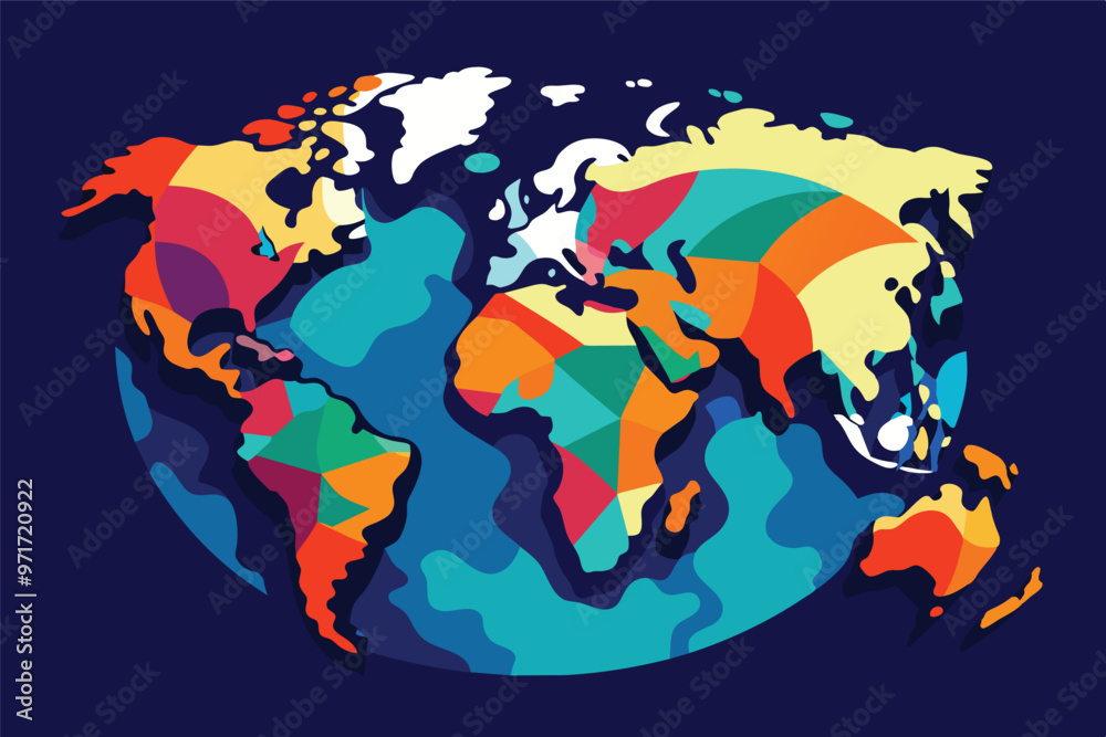 Poster colorful world map illustration featuring geometric shapes representing continents and oceans, desig