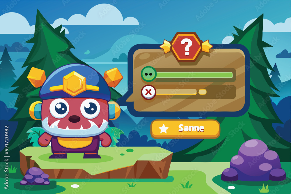 Poster A colorful fantasy character stands on a grassy platform surrounded by trees while interacting with a game interface on a bright day in a whimsical landscape
