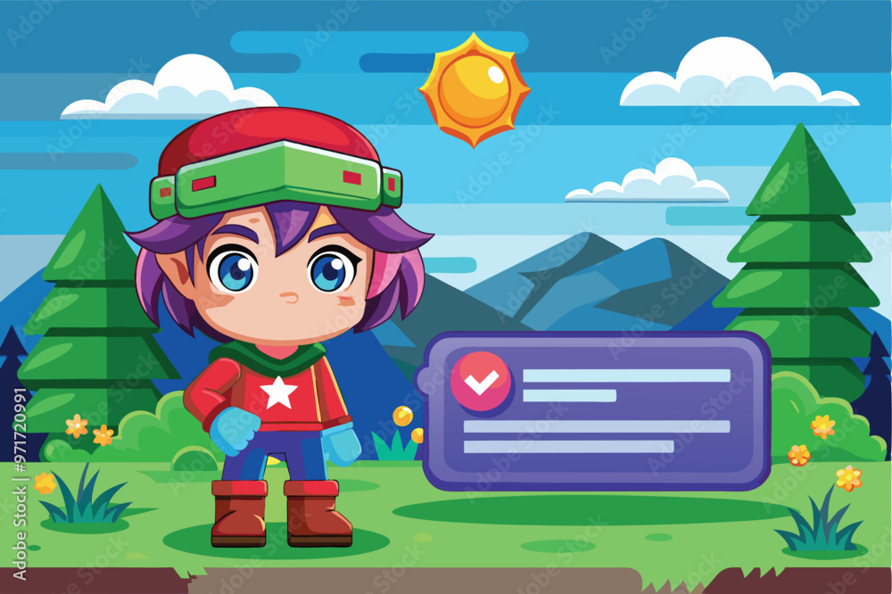Poster A colorful fantasy character stands on a grassy platform surrounded by trees while interacting with a game interface on a bright day in a whimsical landscape