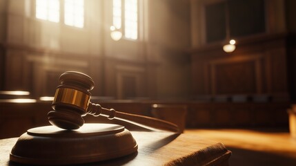 Obraz premium brown wooden gavel on a judge's bench in a courtroom