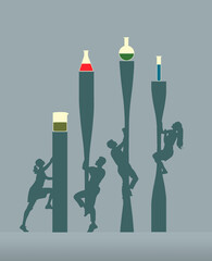 People climb to reach laboratory beakers, flask and test tubes of home cooked drugs in this illustration. Home cooking drugs is the theme.