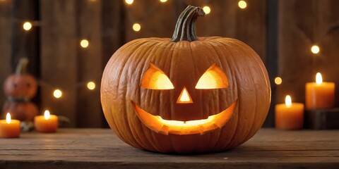 Obraz premium Glowing Jack-o'-lanterns on Wooden Surface with Autumn Pumpkins and Warm Candlelight for Halloween