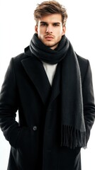 Fototapeta premium The man is dressed in an elegant wool coat and a cozy knitted scarf, highlighting winter style on a plain backdrop
