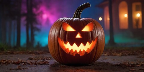 Obraz premium Glowing Jack-o'-lanterns on Wooden Surface with Autumn Pumpkins and Warm Candlelight for Halloween