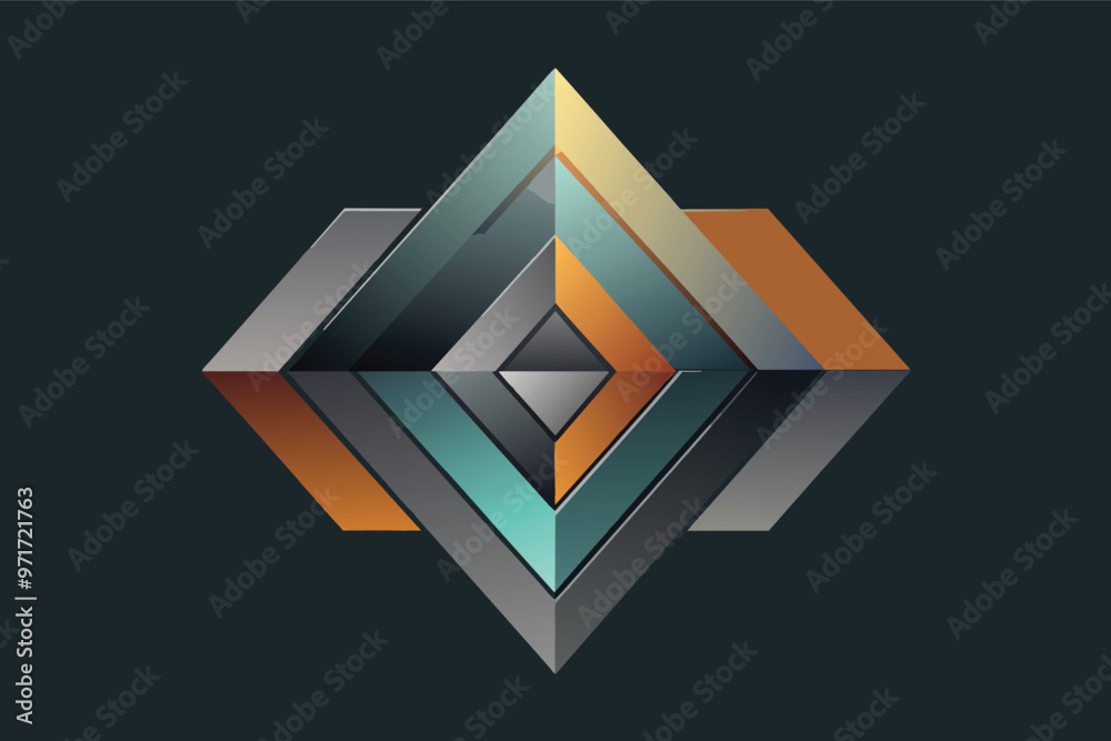 Aufkleber a complex geometric design featuring layers of metallic shapes in orange and gray against a dark bac