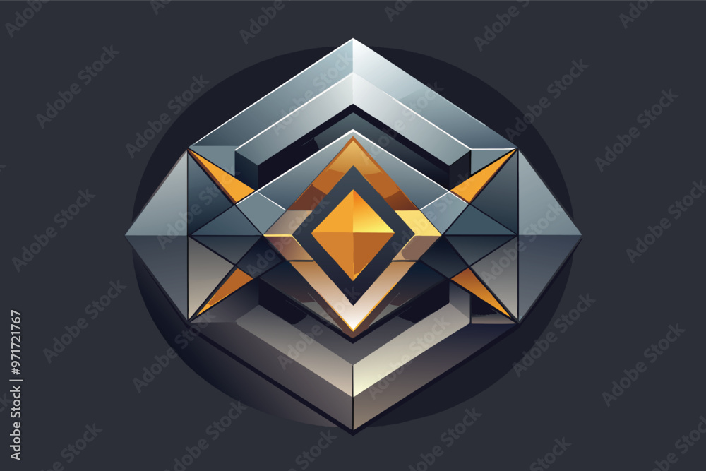 Aufkleber a complex geometric design featuring layers of metallic shapes in orange and gray against a dark bac