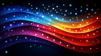 Obraz premium Abstract colorful wavy stripes with stars on black background.
