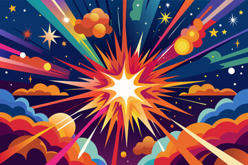 A vibrant explosion of color radiating outward with dynamic starbursts and cosmic elements in a fantastical night sky