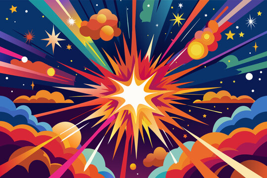 A vibrant explosion of color radiating outward with dynamic starbursts and cosmic elements in a fantastical night sky