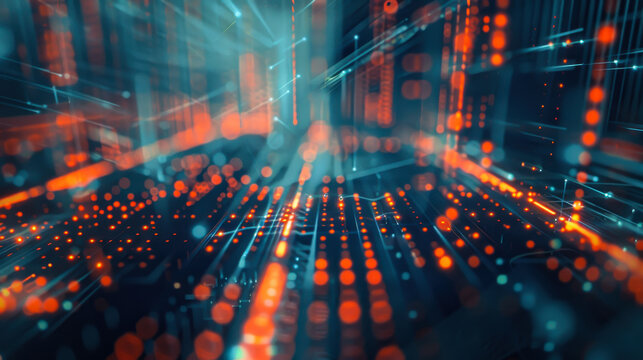 Abstract representation of digital data flows with vibrant blue and orange lights in a futuristic environment