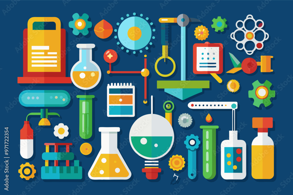 Poster colorful collection of laboratory equipment and scientific tools arranged on a blue background, show