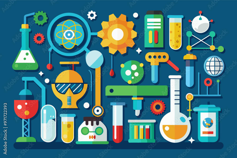 Poster colorful collection of laboratory equipment and scientific tools arranged on a blue background, show