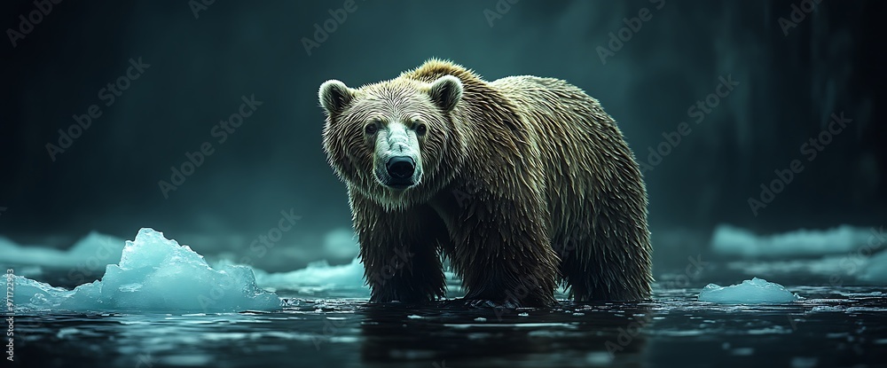 Wall mural a large brown bear stands in a shallow body of water with ice floes in the background.