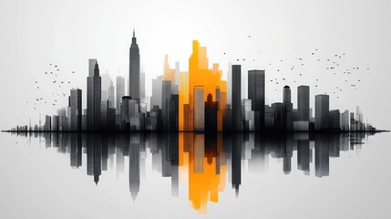 Fototapeta premium Monochrome Cityscape with Yellow Highlighted Buildings and Reflection in Water