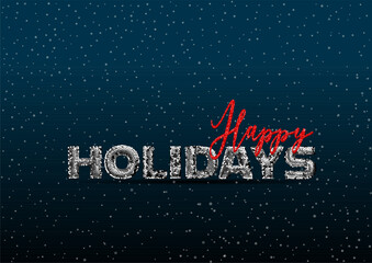 Happy Holidays lettering with trendy silver sequins texture. Modern brush calligraphy, isolated on the silver snowflake shape confetti blue background