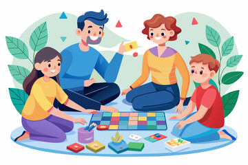 A family enjoys a game night together at home, sitting on the floor surrounded by colorful game pieces and enjoying quality time in a cozy atmosphere
