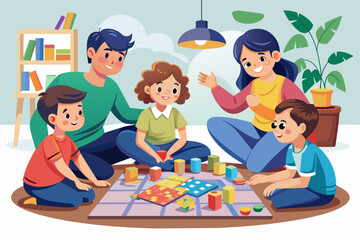 A family enjoys a game night together at home, sitting on the floor surrounded by colorful game pieces and enjoying quality time in a cozy atmosphere