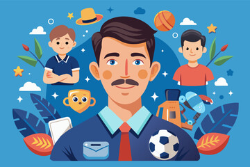 A man with a mustache and glasses is surrounded by colorful graphics depicting various activities and interests, showcasing themes like sports, science, and social connections in a lively design