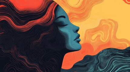 Vibrant Abstract Portrait: Woman's Face with Flowing Lines and Bold Colors