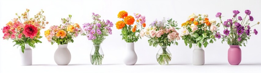 Fototapeta premium Vibrant Floral Elegance, a full-body display of exquisite bouquets in elegant vases, set against a pristine white backdrop, showcasing the beauty and diversity of blossoms.