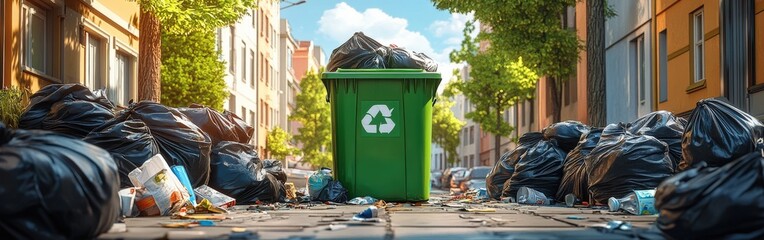 Overflowing Recycling Bin with Littered Street Scene