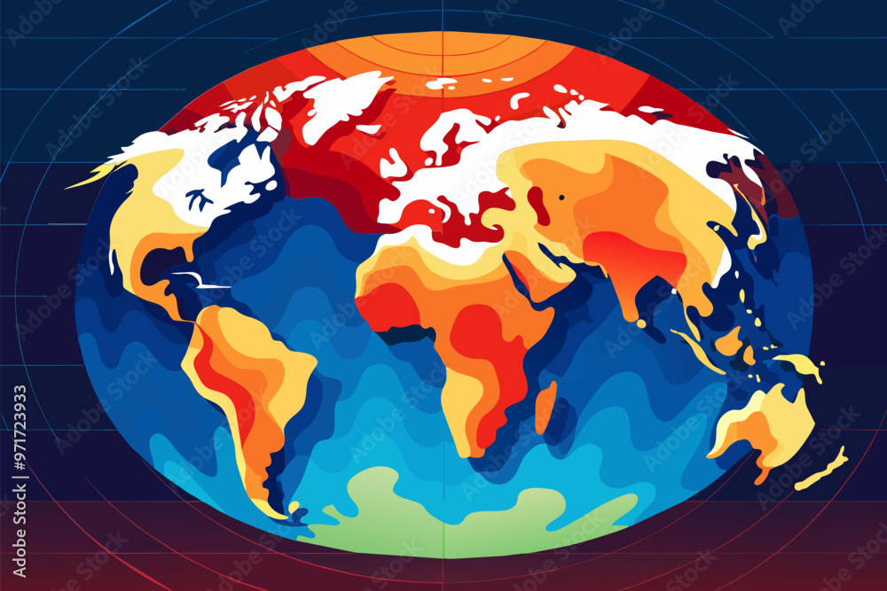 Poster A global temperature map illustrating heat distribution across continents with vibrant colors highlighting varying climate zones