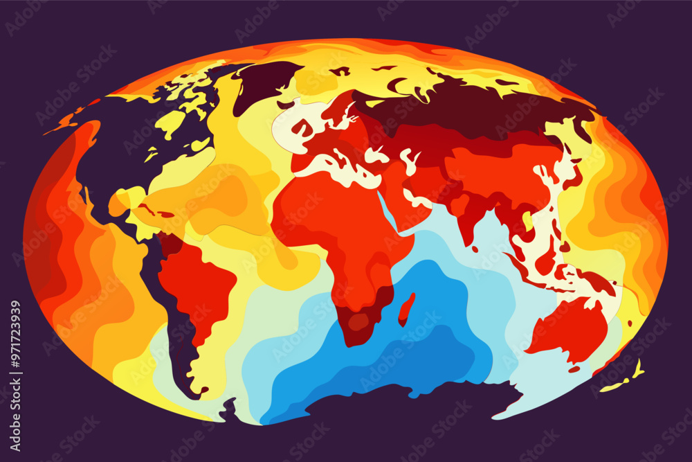 Poster A global temperature map illustrating heat distribution across continents with vibrant colors highlighting varying climate zones