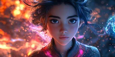 The captivating young hero with intense, expressive eyes stands amidst swirling elements of fire and ice. The otherworldly scene reflects the dynamic blend of beauty and power in the animated world