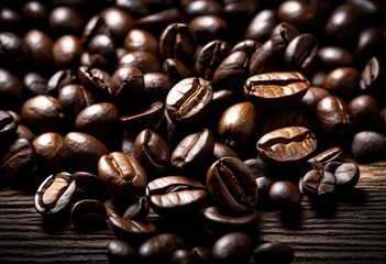 high quality coffee beans beautifully arranged dark wood surface showcasing rich textures deep colors, arabica, robusta, blend, roasted, gourmet, fresh