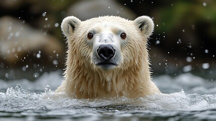 A polar bear swims in the water with a splash of water around it.