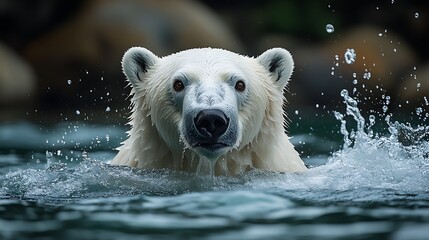 A polar bear emerges from the water, looking directly at the camera with a splash of water around its head.