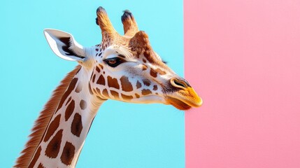 Obraz premium Giraffe close-up on pastel colored background