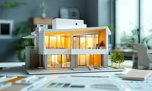 Cropped imaged of professional interior designers choose appropriate color from color palette with house model and architectural equipment scatter around.