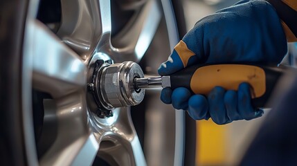 Fototapeta premium Woman mechanic using a pneumatic wrench to tighten a wheel nut