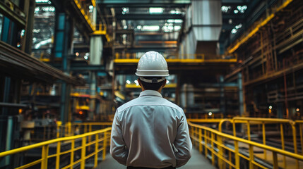 Back View of Industrial Worker with Hard Hat Overlooking Large Factory Floor with Complex Machinery and Yellow Railings in Manufacturing Setting