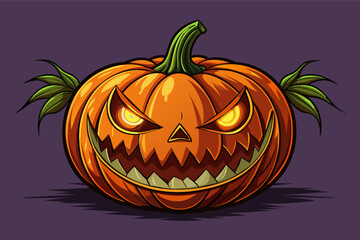A menacing jack-o'-lantern with glowing eyes and sharp teeth sits on a purple background, embodying the spooky spirit of Halloween during the fall season