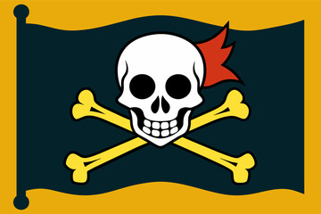 A jolly roger flag featuring a skull and crossed bones against a dark background, commonly associated with piracy and maritime history, showcasing nautical themes