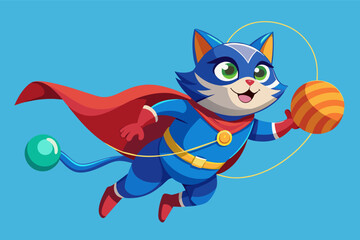 A cheerful cartoon cat in a superhero costume flies through the sky, joyfully holding a colorful ball while wearing a red cape and blue outfit during a bright, sunny day