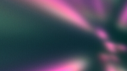 Abstract defocused grainy noise background 16:9 8K, copy space. Lens distortion blurred pink purple green rays on black backdrop for poster, banner, presentation, wallpaper. Spray brush grunge texture