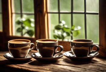 warm coffee cups resting rustic wooden table surrounded natural light cozy atmosphere, hot, drink, beverage, steam, ceramic, interior, home, ambience