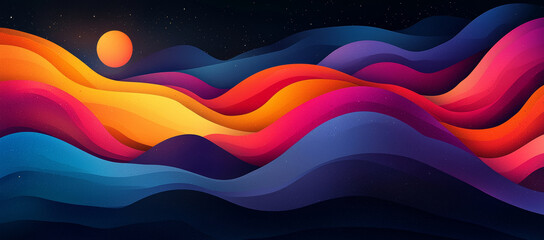 Fototapeta premium Abstract colorful waves with a sun in the night sky