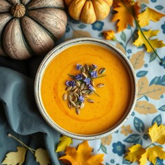 Delicious pumpkin soup garnished with pumpkin seeds, radiating warmth and autumn flavors in every spoonful.