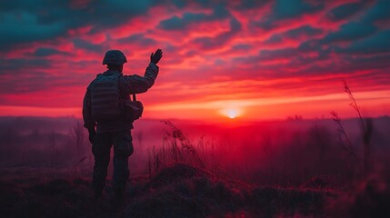 Obraz premium A soldier in camouflage stands on a hilltop, waving at the sunrise, with a dramatic red sky in the background.